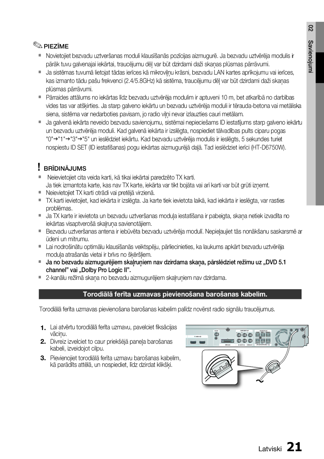 Samsung HT-D6750W/EN manual Torodiālā ferīta uzmavas pievienošana barošanas kabelim, Piezīme 