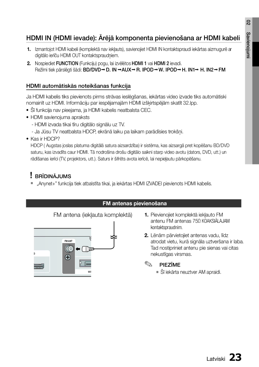 Samsung HT-D6750W/EN Hdmi automātiskās noteikšanas funkcija, FM antenas pievienošana,  Šī iekārta neuztver AM apraidi 