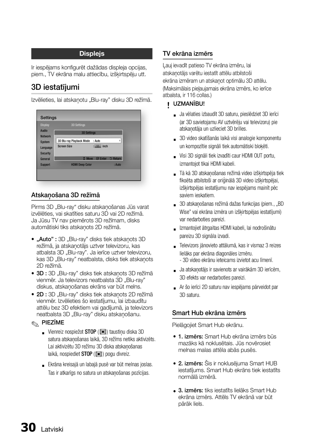Samsung HT-D6750W/EN manual 3D iestatījumi, Displejs, Atskaņošana 3D režīmā, TV ekrāna izmērs, Smart Hub ekrāna izmērs 