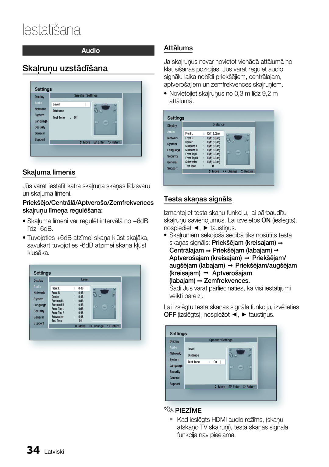 Samsung HT-D6750W/EN manual Skaļruņu uzstādīšana, Audio, Skaļuma līmenis, Attālums, Testa skaņas signāls 