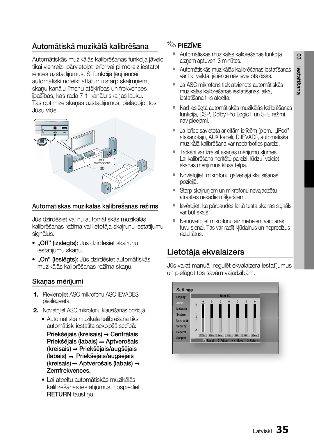 Samsung HT-D6750W/EN manual Automātiskā muzikālā kalibrēšana, Lietotāja ekvalaizers, Skaņas mērījumi 