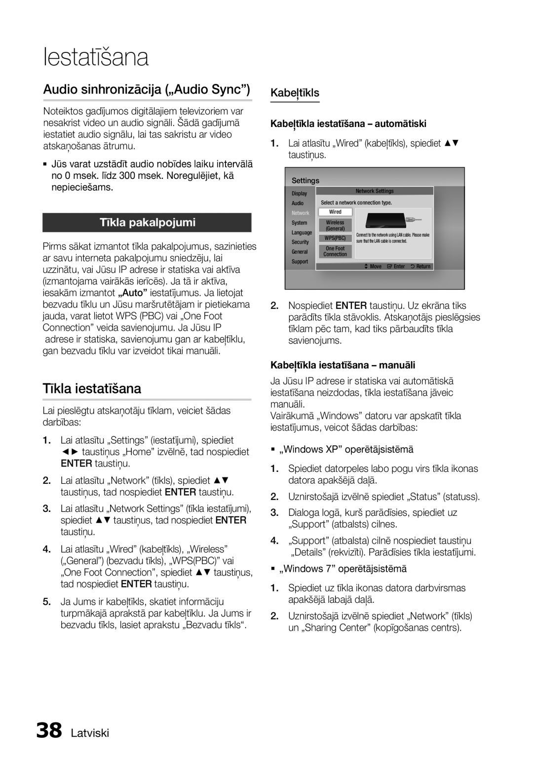 Samsung HT-D6750W/EN manual Tīkla iestatīšana, Tīkla pakalpojumi, Kabeļtīkls, Kabeļtīkla iestatīšana automātiski 