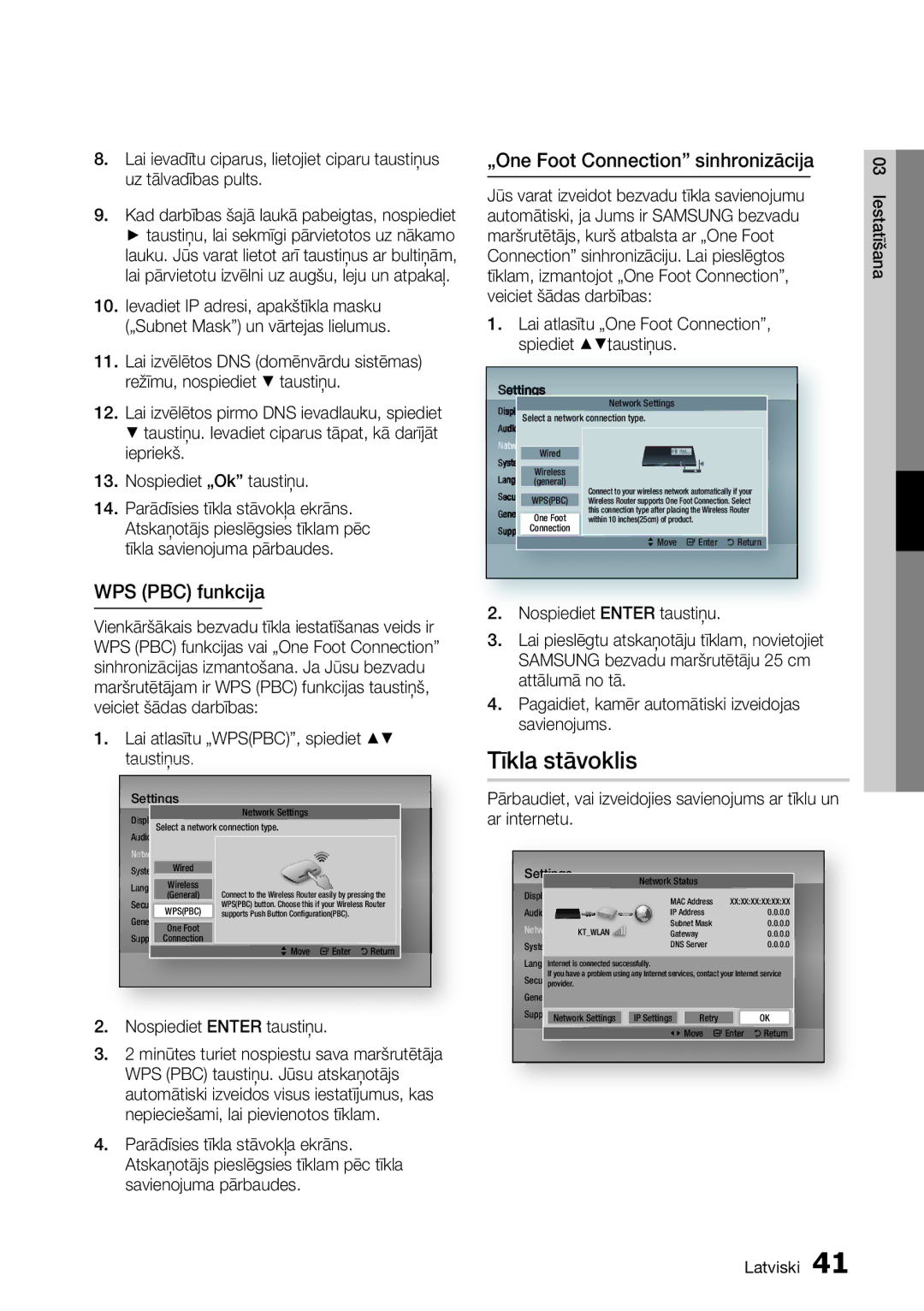 Samsung HT-D6750W/EN manual Tīkla stāvoklis, WPS PBC funkcija, „One Foot Connection sinhronizācija 