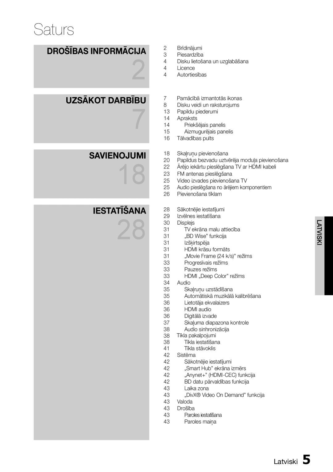 Samsung HT-D6750W/EN manual Saturs 