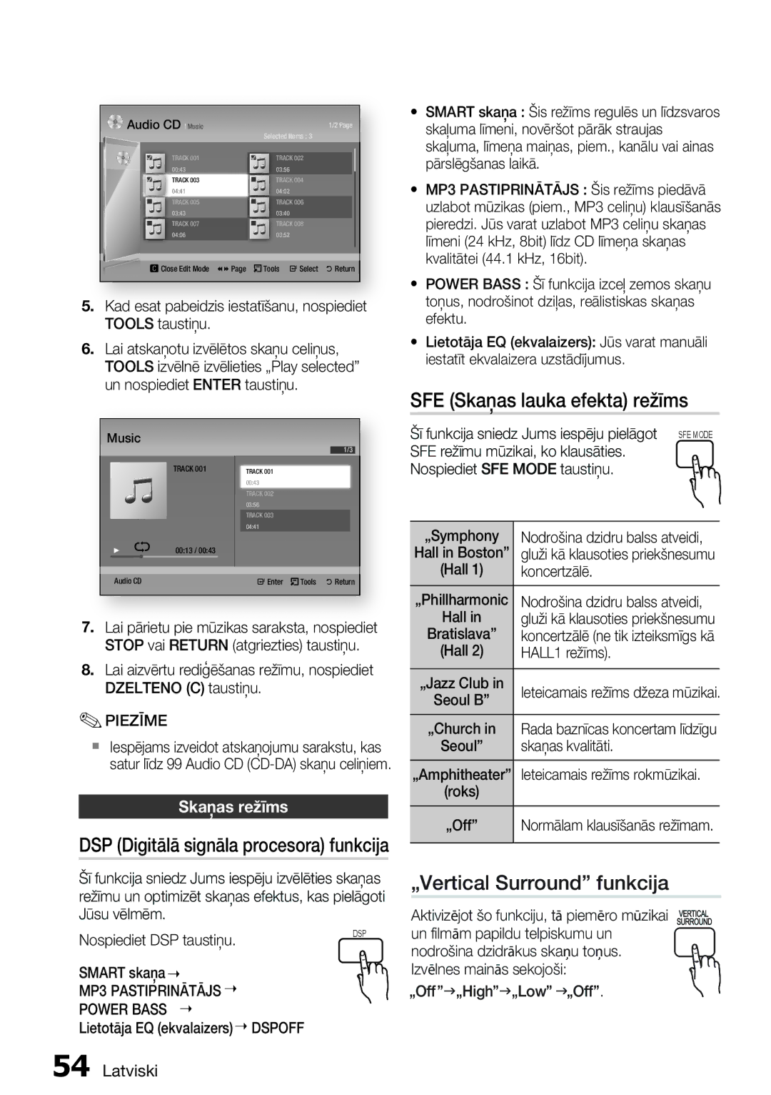 Samsung HT-D6750W/EN manual SFE Skaņas lauka efekta režīms, „Vertical Surround funkcija, Skaņas režīms, MP3 Power Bass 