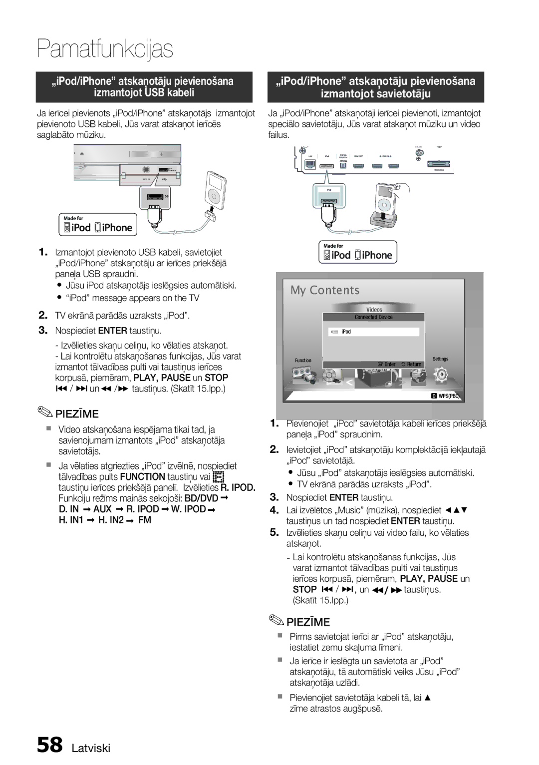 Samsung HT-D6750W/EN manual Izmantojot USB kabeli, „iPod/iPhone atskaņotāju pievienošana Izmantojot savietotāju 