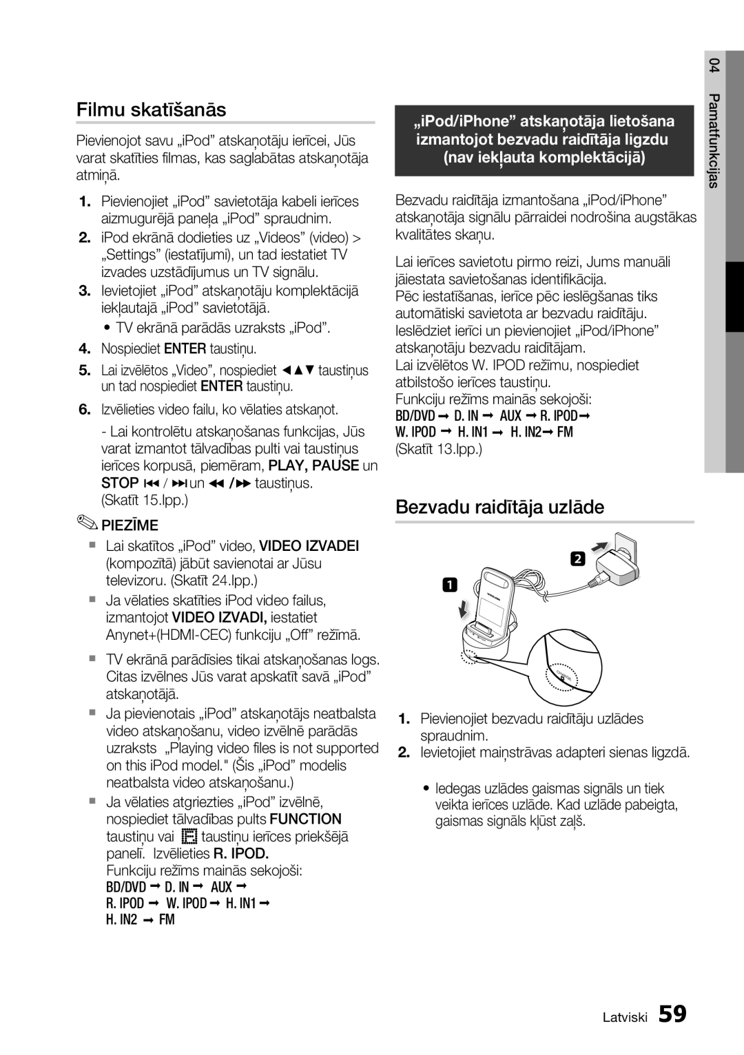 Samsung HT-D6750W/EN manual Filmu skatīšanās, Bezvadu raidītāja uzlāde, Izmantojot bezvadu raidītāja ligzdu 