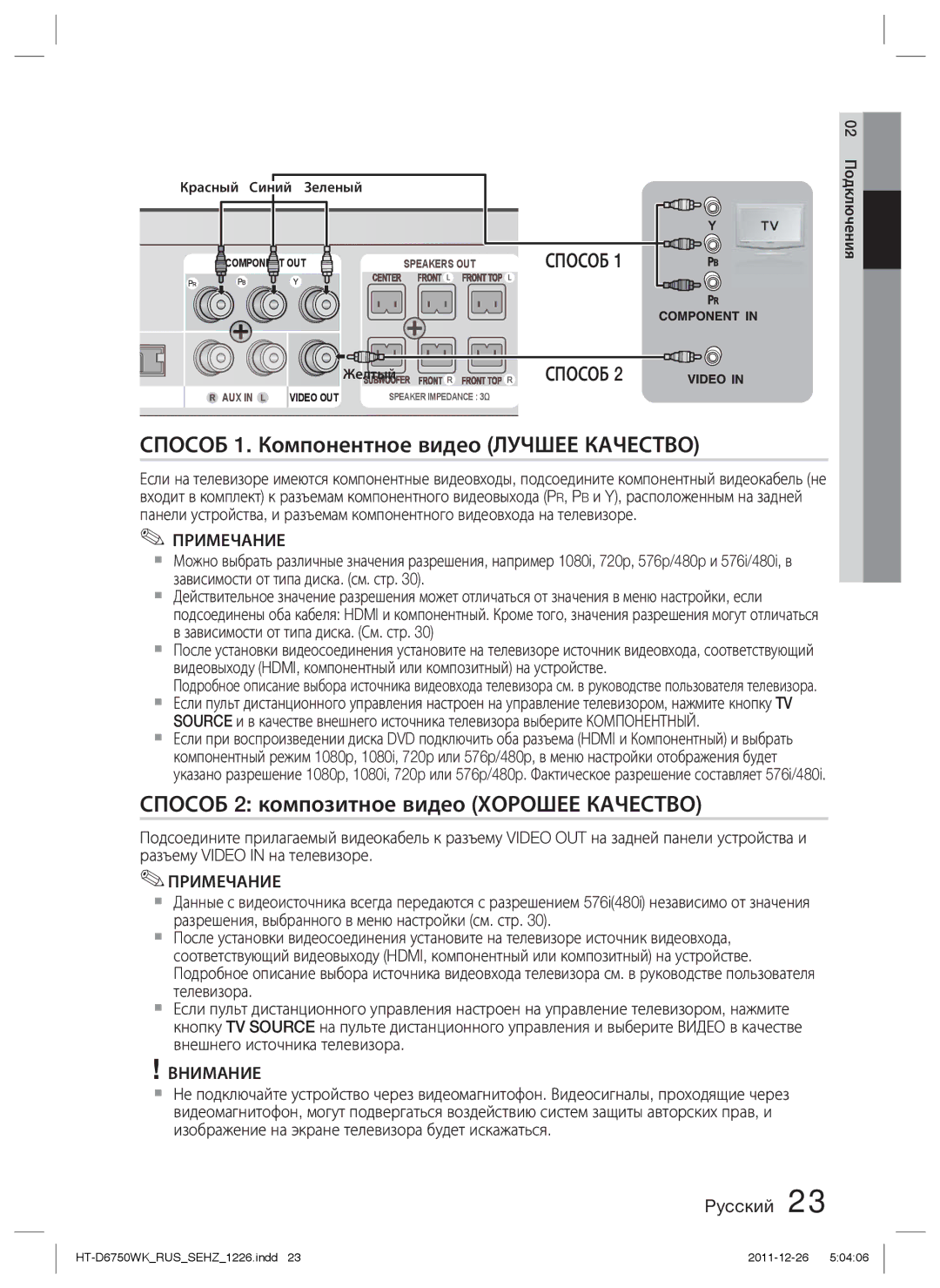 Samsung HT-D6750WK/RU manual Способ 1. Компонентное видео Лучшее Качество, Способ 2 композитное видео Хорошее Качество 