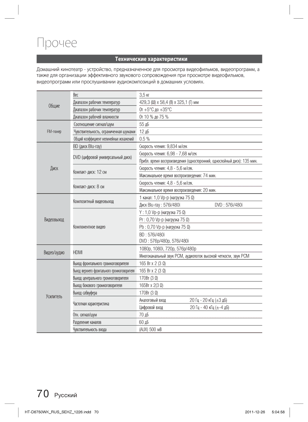 Samsung HT-D6750WK/RU manual Технические характеристики 