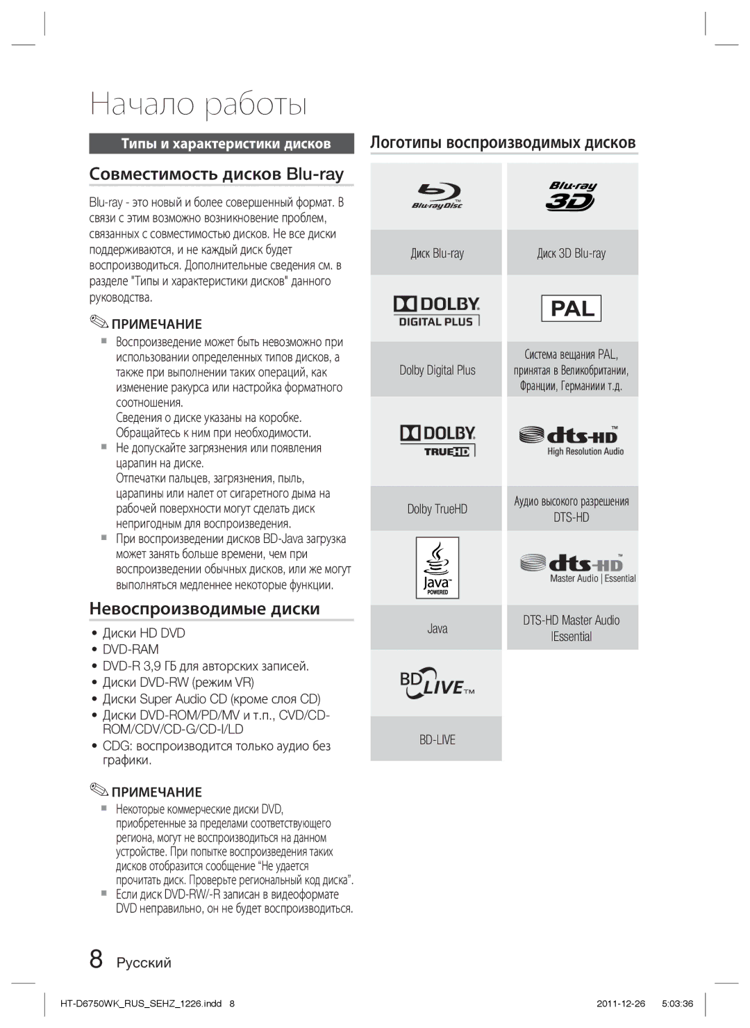 Samsung HT-D6750WK/RU manual Совместимость дисков Blu-ray, Невоспроизводимые диски, Логотипы воспроизводимых дисков 