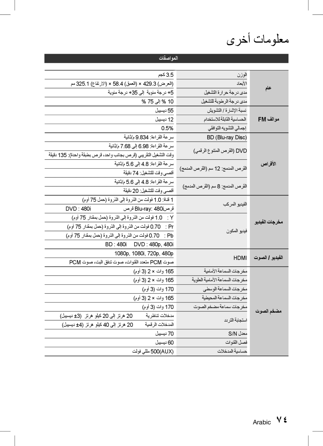 Samsung HT-D6750WK/SQ manual تافصاوملا, Fm فلاوم, صارقلأا, ويديفلا تاجرخم, توصلا مخضم 