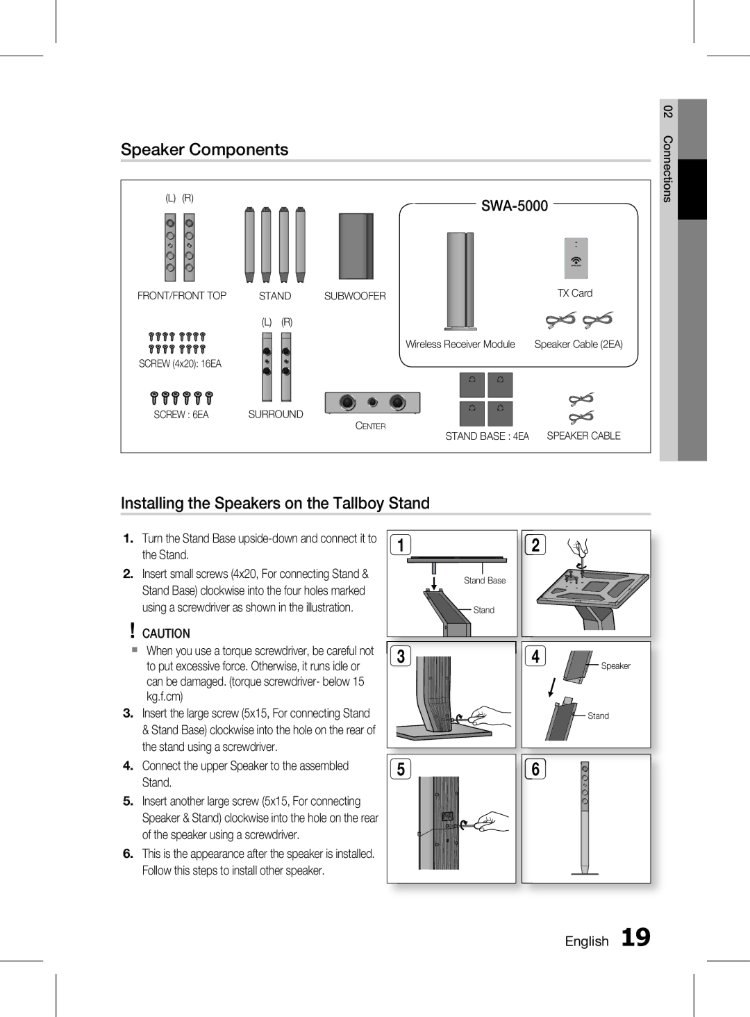 Samsung HT-D6750WK/SQ manual Speaker Components, Installing the Speakers on the Tallboy Stand, SWA-5000, English 1 