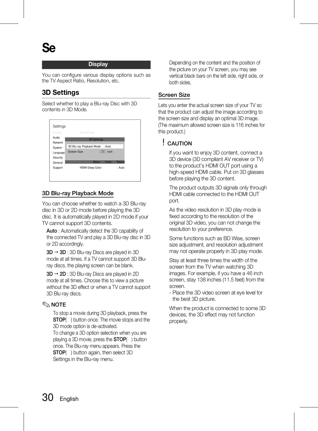 Samsung HT-D6750WK/SQ manual 3D Settings, Display, 3D Blu-ray Playback Mode, Screen Size 