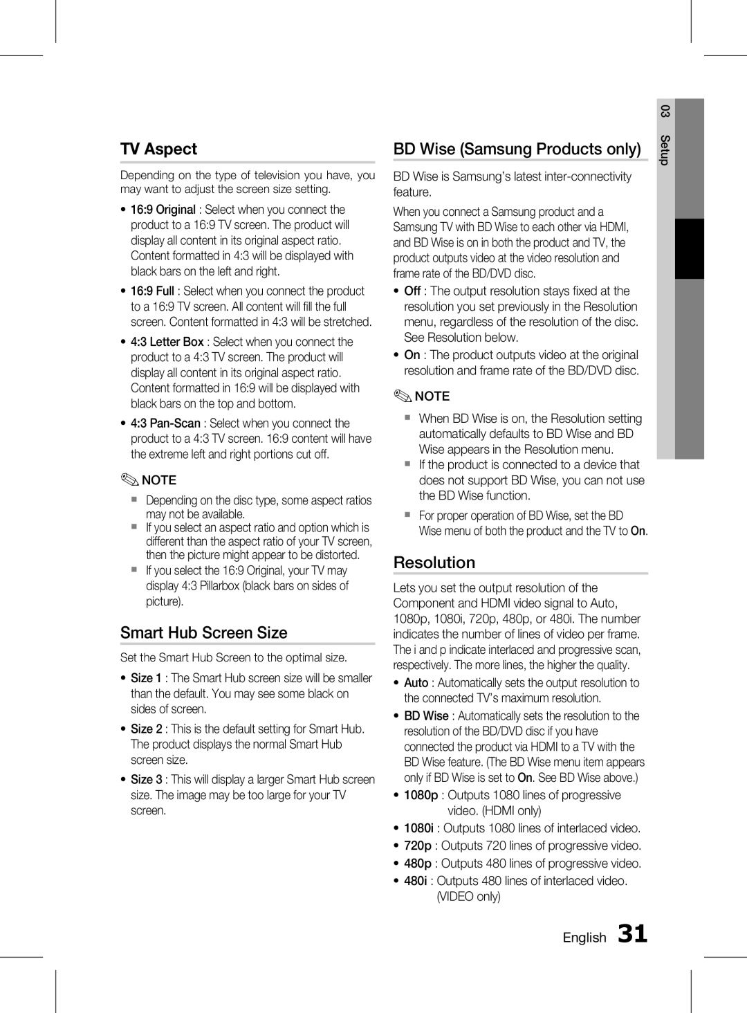 Samsung HT-D6750WK/SQ manual TV Aspect, Smart Hub Screen Size, BD Wise Samsung Products only, Resolution 