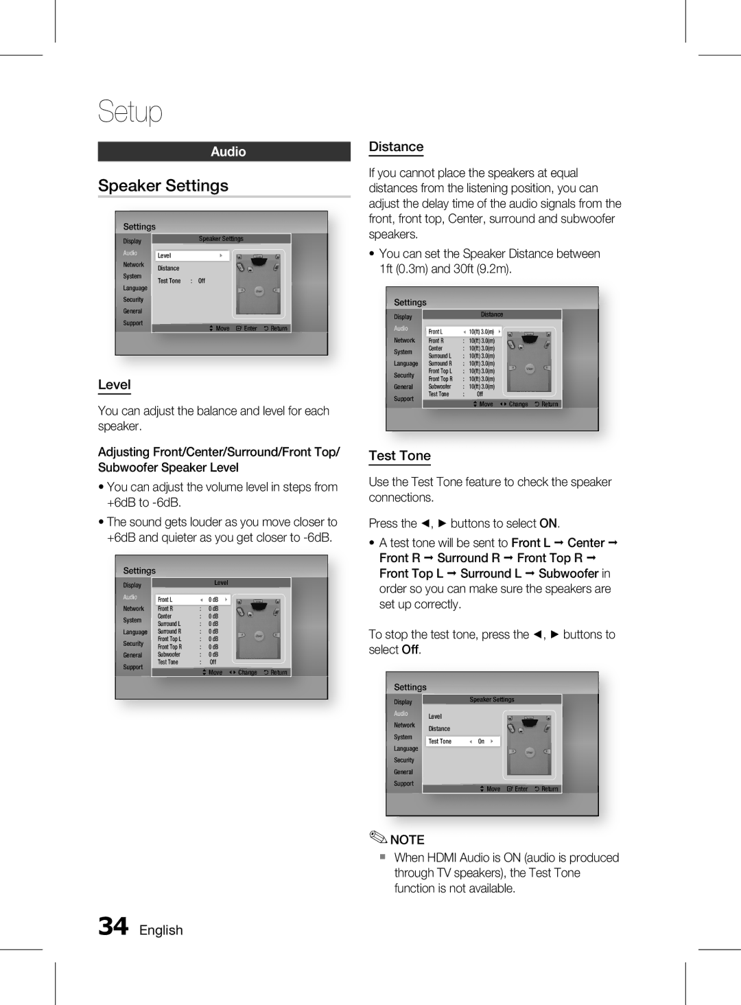 Samsung HT-D6750WK/SQ manual Speaker Settings, Audio, Level, Distance, Test Tone 