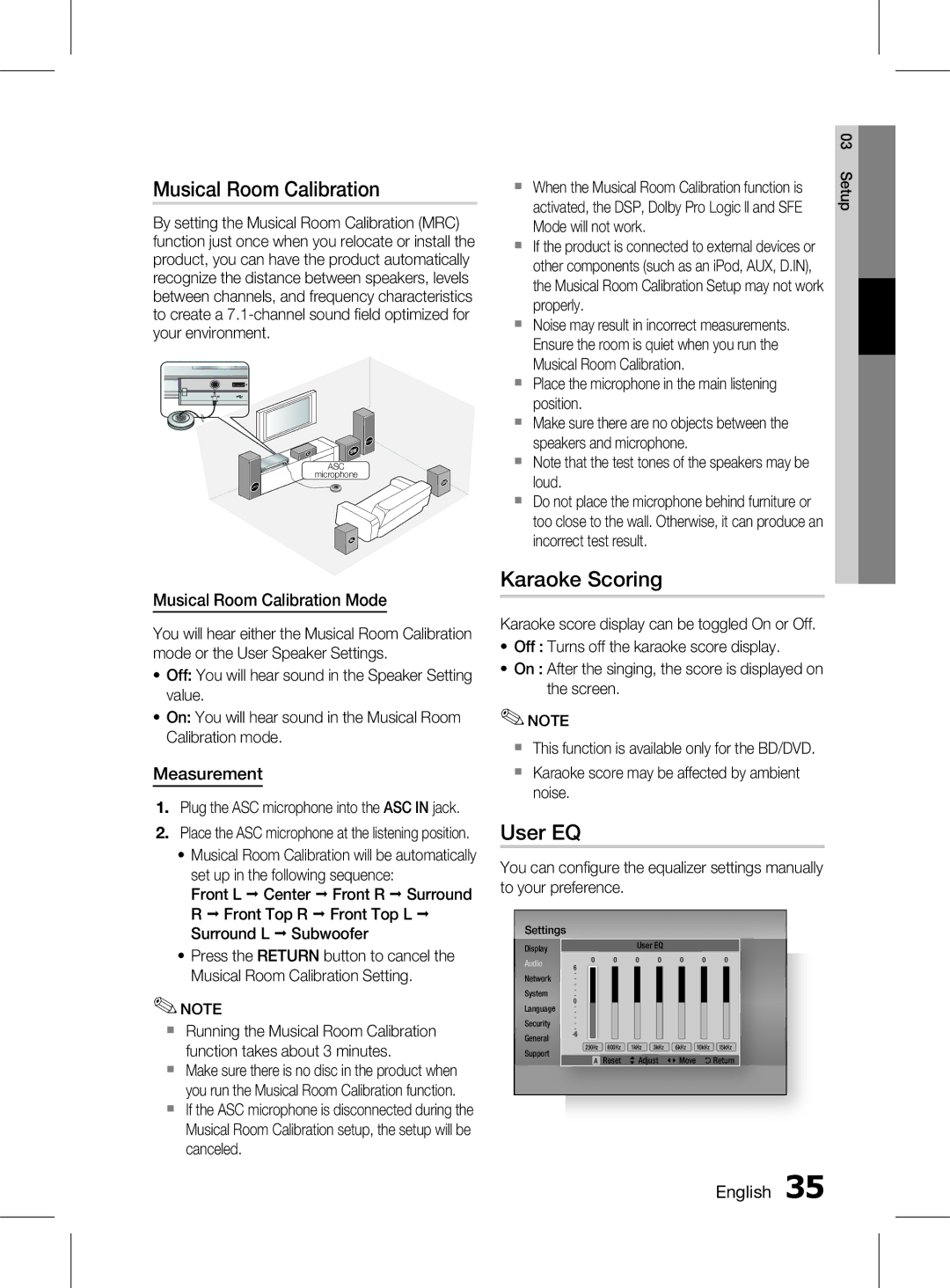 Samsung HT-D6750WK/SQ manual Karaoke Scoring, User EQ, Musical Room Calibration Mode, Measurement 