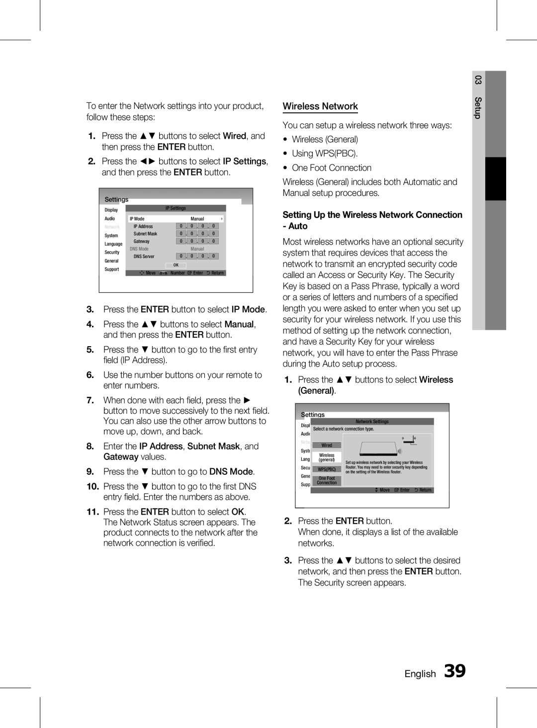 Samsung HT-D6750WK/SQ manual Wireless Network, Press the Enter button to select IP Mode 