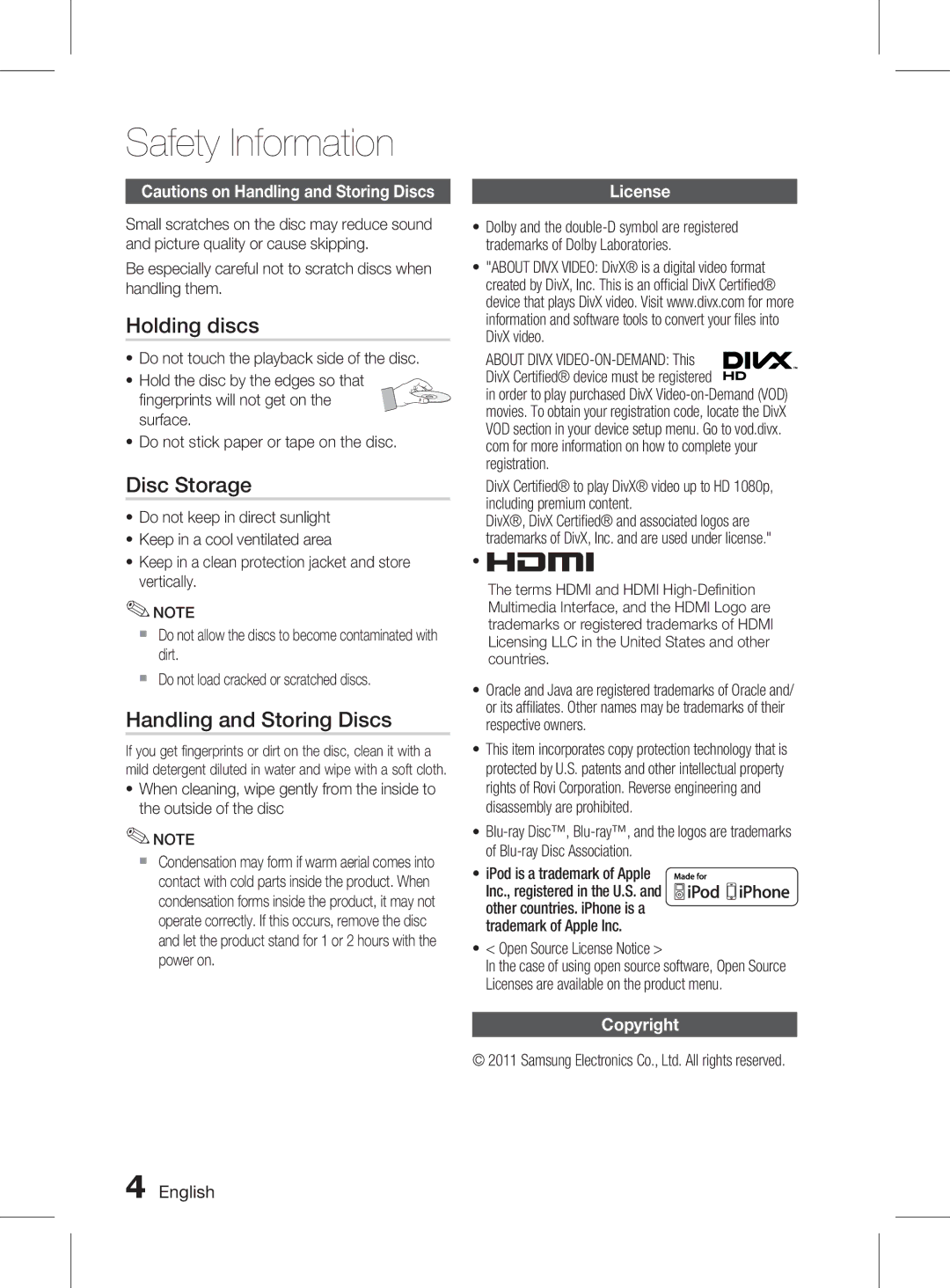 Samsung HT-D6750WK/SQ manual Holding discs, Disc Storage, Handling and Storing Discs, License, Copyright 