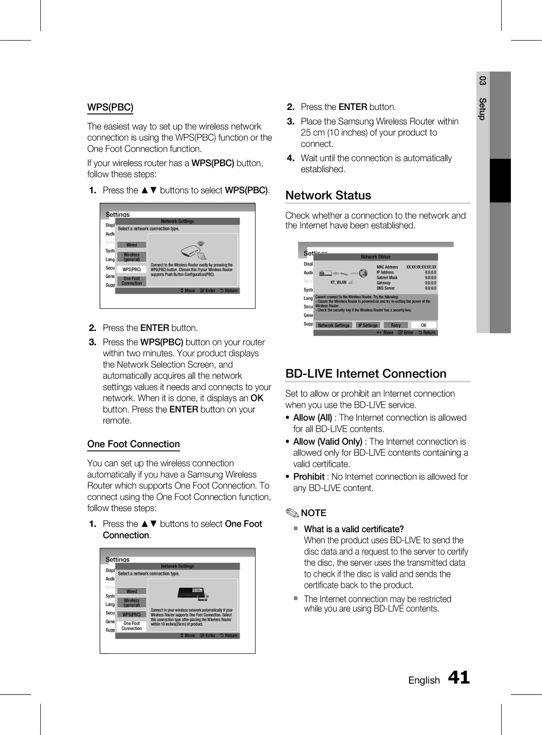 Samsung HT-D6750WK/SQ manual Network Status, BD-LIVE Internet Connection, One Foot Connection, English 1 