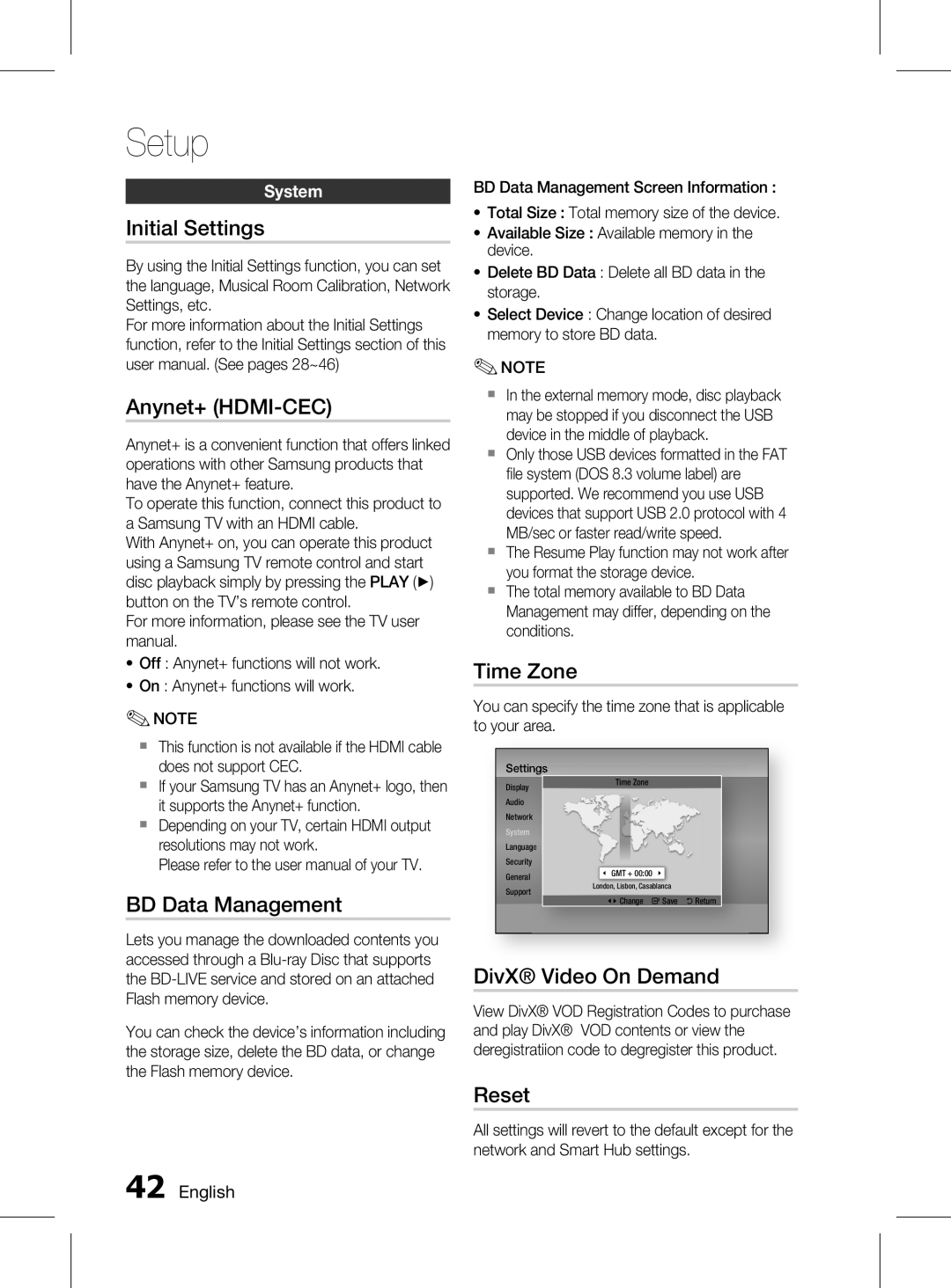 Samsung HT-D6750WK/SQ manual Initial Settings, Anynet+ HDMI-CEC, BD Data Management, Time Zone, DivX Video On Demand, Reset 