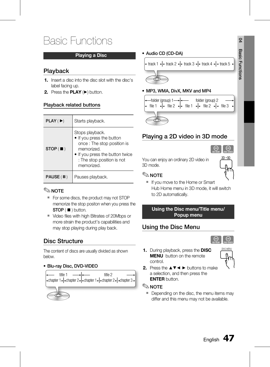 Samsung HT-D6750WK/SQ manual Basic Functions, Playback, Disc Structure, Playing a 2D video in 3D mode, Using the Disc Menu 