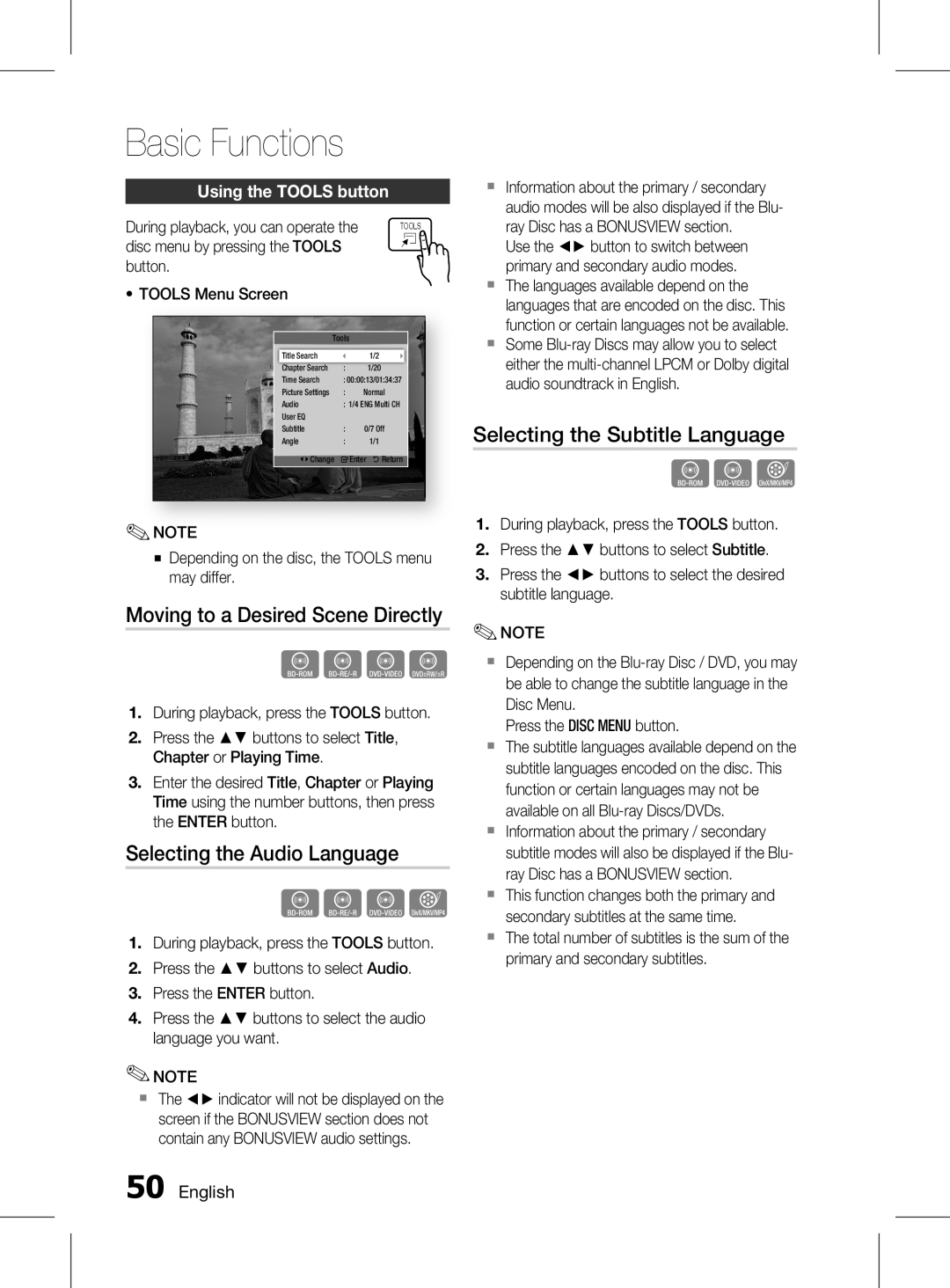 Samsung HT-D6750WK/SQ Moving to a Desired Scene Directly, Selecting the Audio Language, Selecting the Subtitle Language 