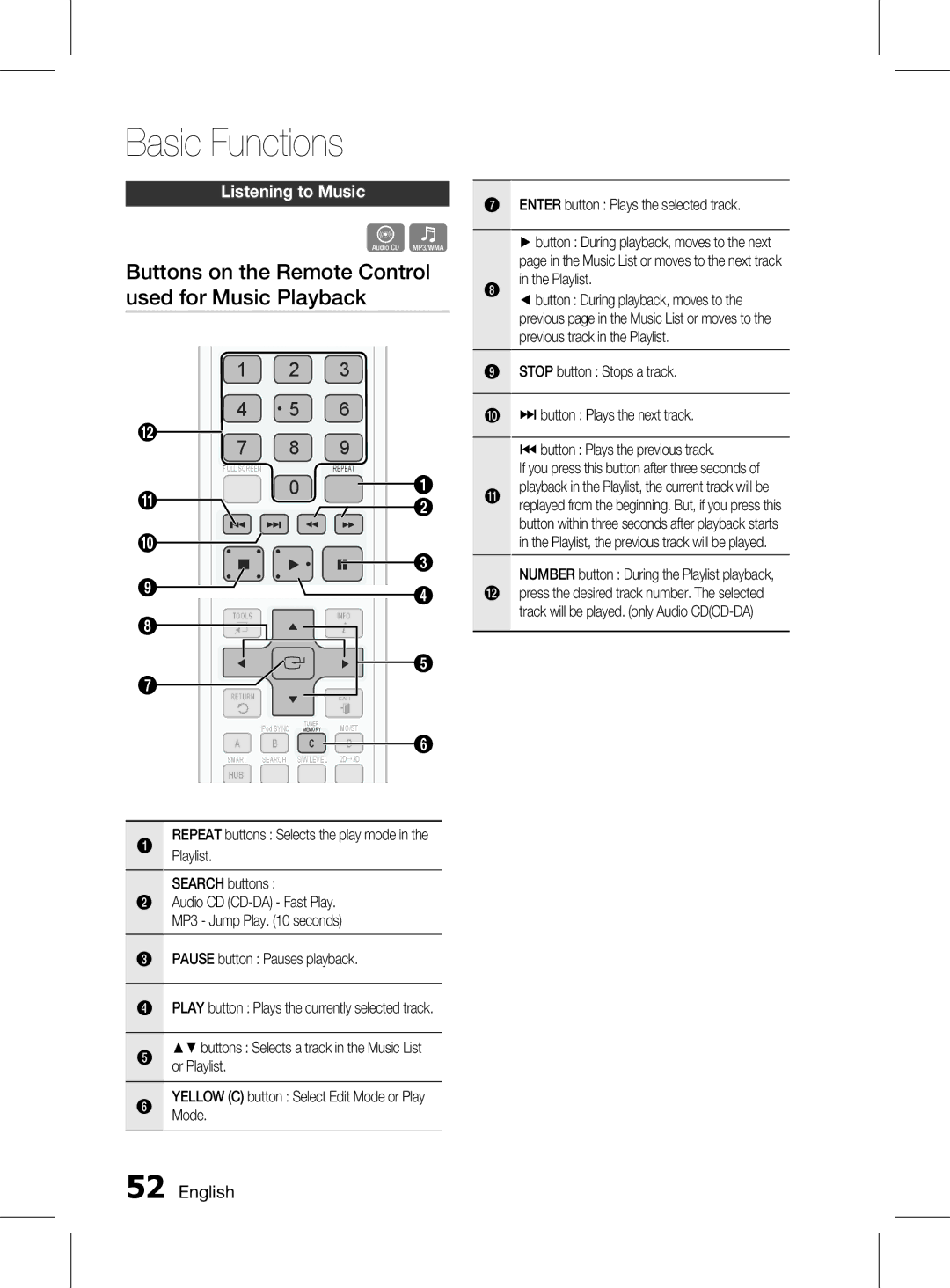 Samsung HT-D6750WK/SQ manual Buttons on the Remote Control used for Music Playback, Listening to music, Or Playlist, Mode 