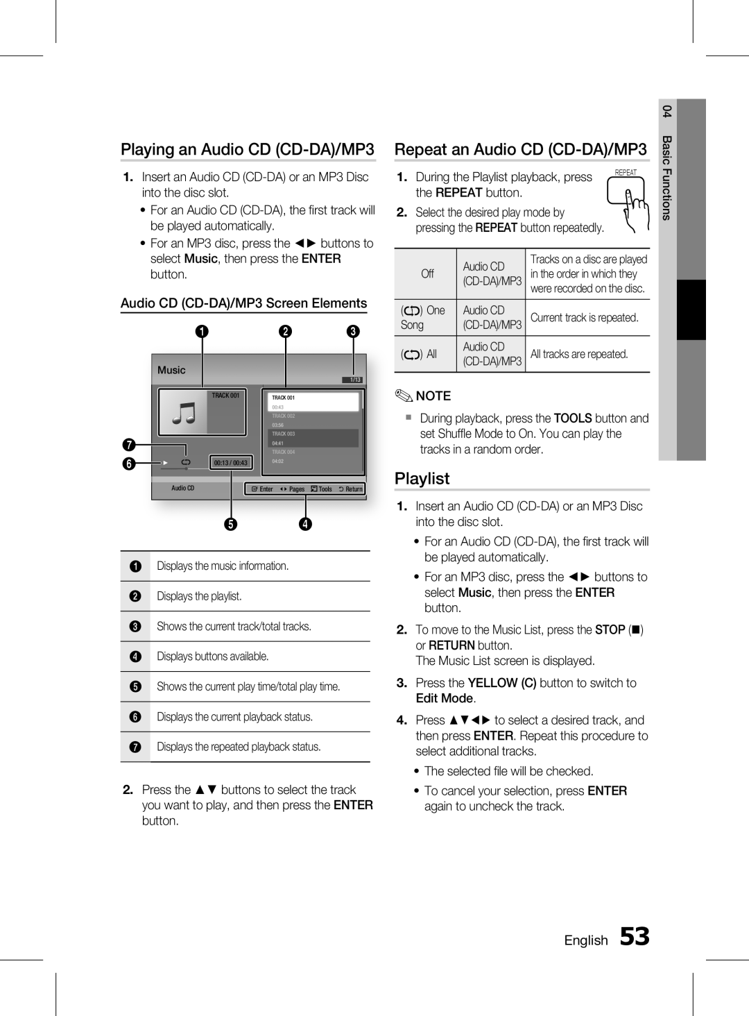 Samsung HT-D6750WK/SQ manual Playing an Audio CD CD-DA/MP3, Repeat an Audio CD CD-DA/MP3, Playlist 