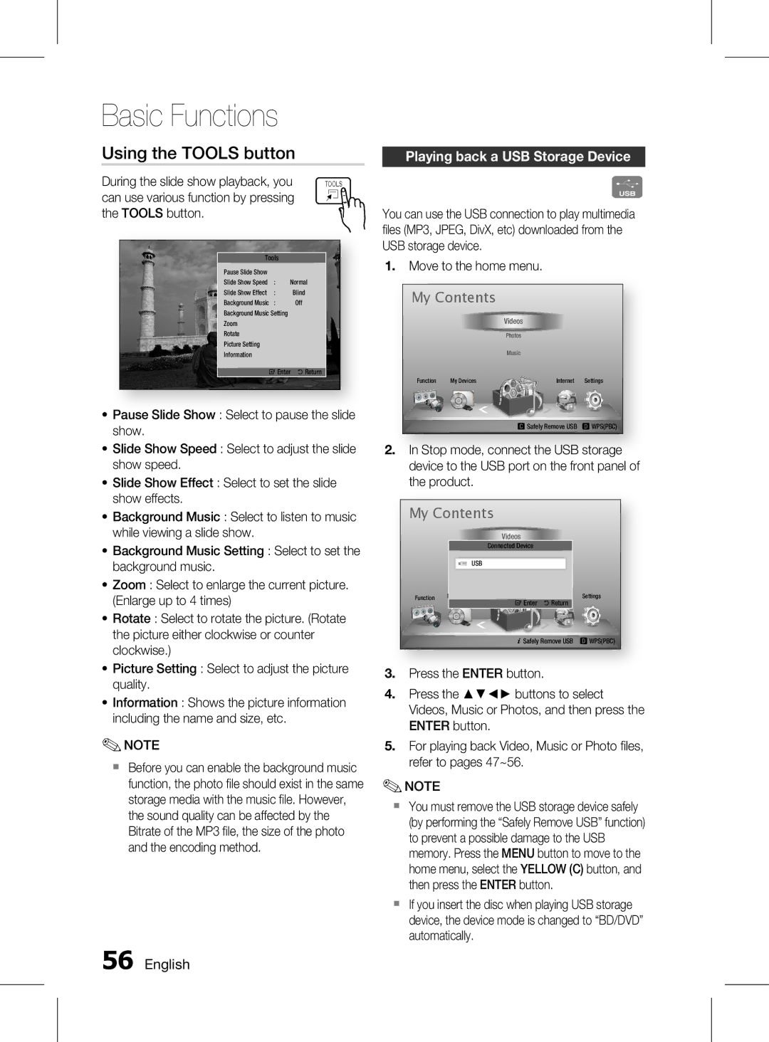 Samsung HT-D6750WK/SQ Using the Tools button, Playing back a uSB Storage Device, Can use various function by pressing 