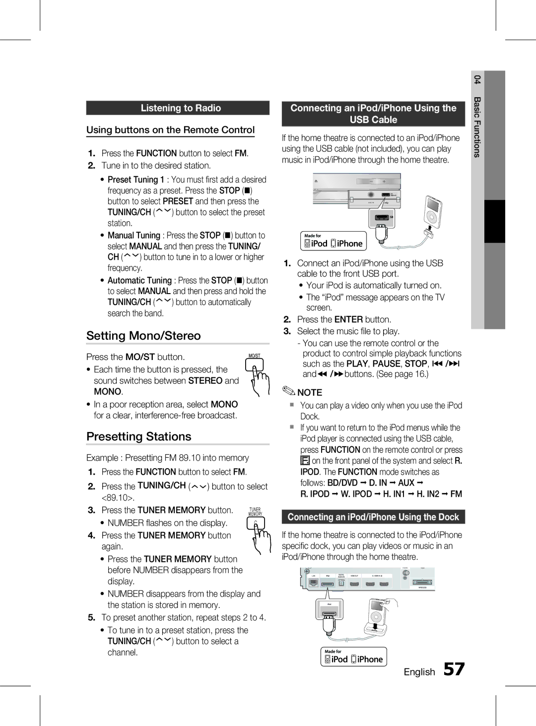 Samsung HT-D6750WK/SQ manual Setting Mono/Stereo, Presetting Stations, Listening to radio, USB Cable 