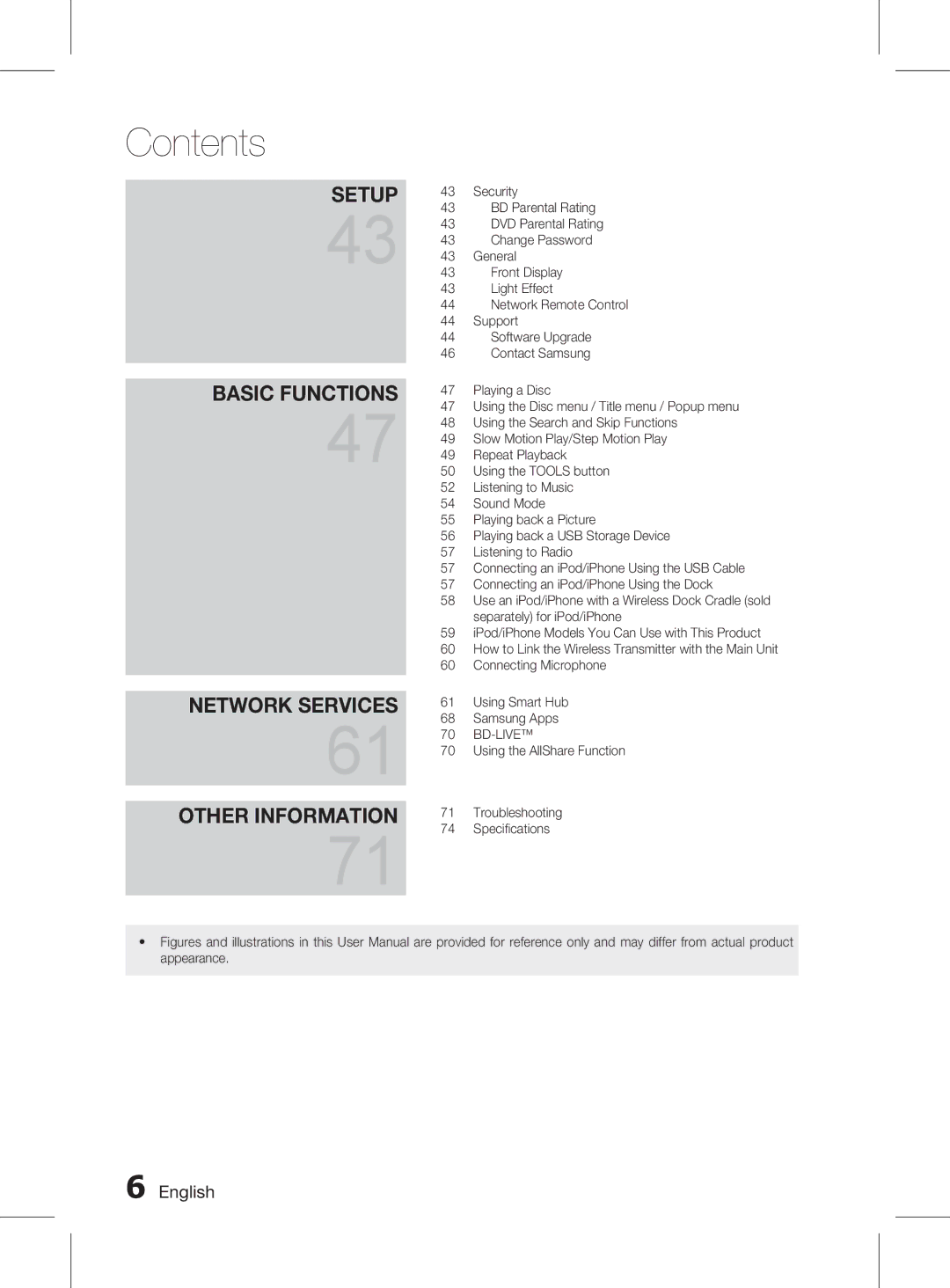 Samsung HT-D6750WK/SQ manual Setup Basic Functions Network Services Other Information 