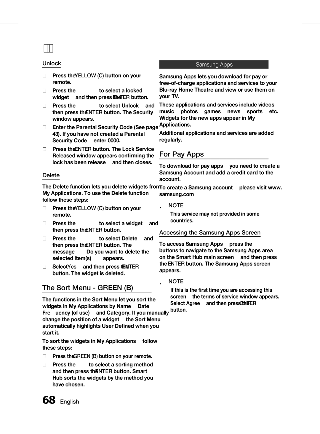 Samsung HT-D6750WK/SQ manual Sort Menu Green B, For Pay Apps, Samsung Apps 