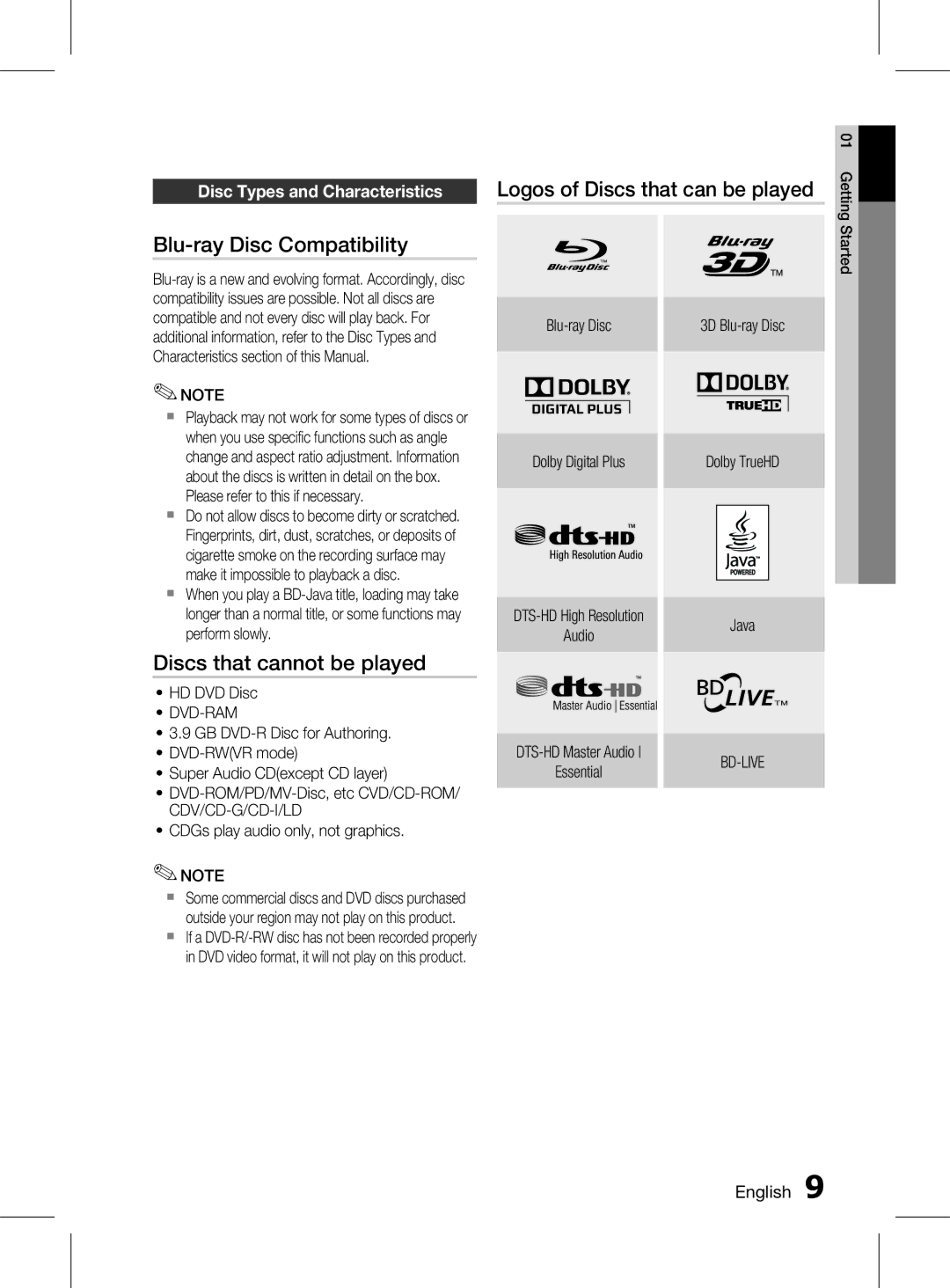 Samsung HT-D6750WK/SQ manual Blu-ray Disc Compatibility, Discs that cannot be played, HD DVD Disc, Dvd-Ram, Bd-Live 