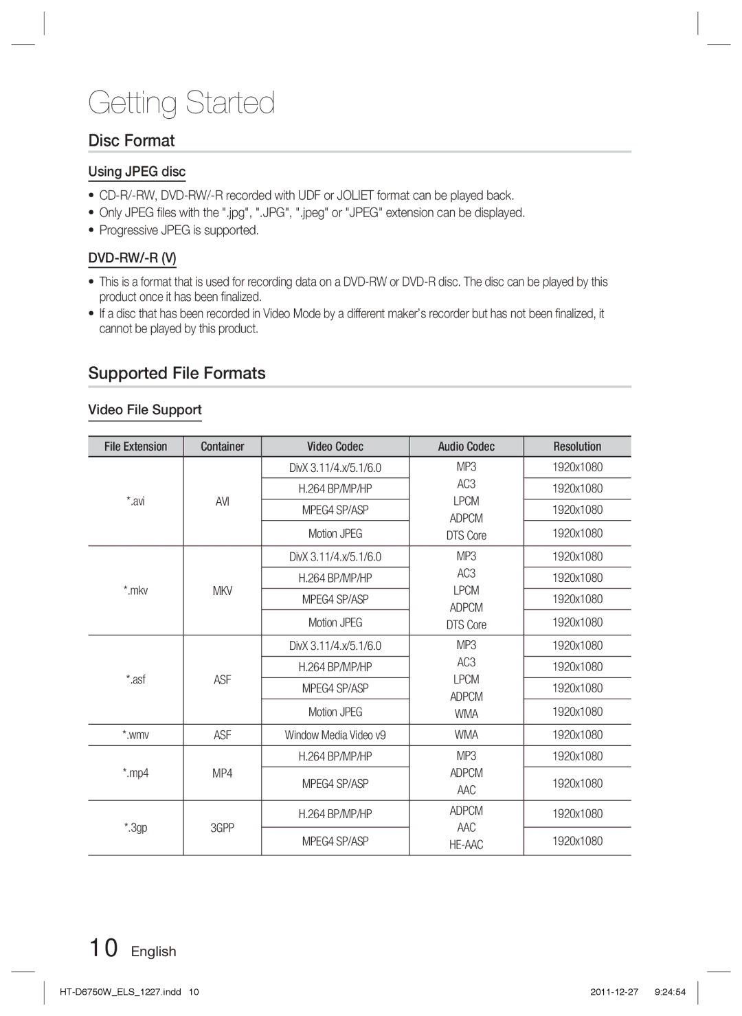 Samsung HT-D6750W/TK, HT-D6750W/XN, HT-D6750W/ZF Disc Format, Supported File Formats, Using Jpeg disc, Video File Support 