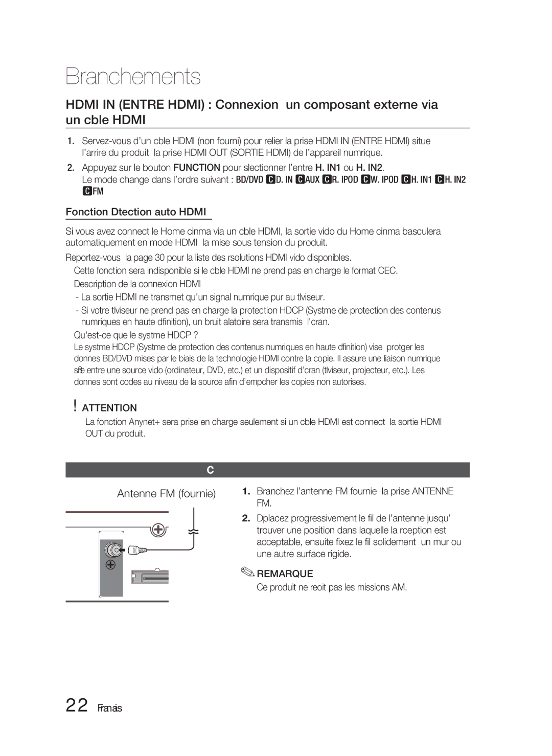 Samsung HT-D6750W/TK, HT-D6750W/XN manual Antenne FM fournie, Fonction Détection auto Hdmi, Connexion de l’antenne FM 