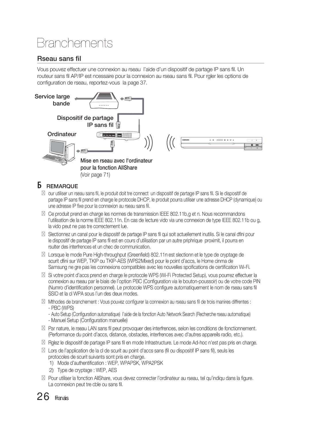 Samsung HT-D6750W/XE, HT-D6750W/TK, HT-D6750W/XN Voir, Mise en réseau avec lordinateur pour la fonction AllShare, Pbc Wps 