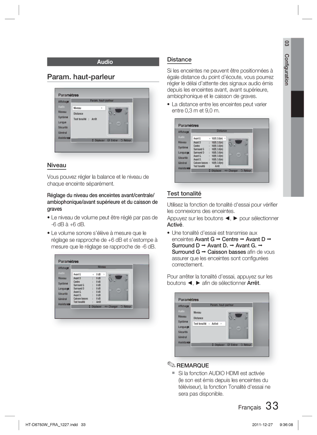 Samsung HT-D6750W/XN, HT-D6750W/TK, HT-D6750W/ZF, HT-D6750W/EN manual Param. haut-parleur, Niveau, Distance, Test tonalité 