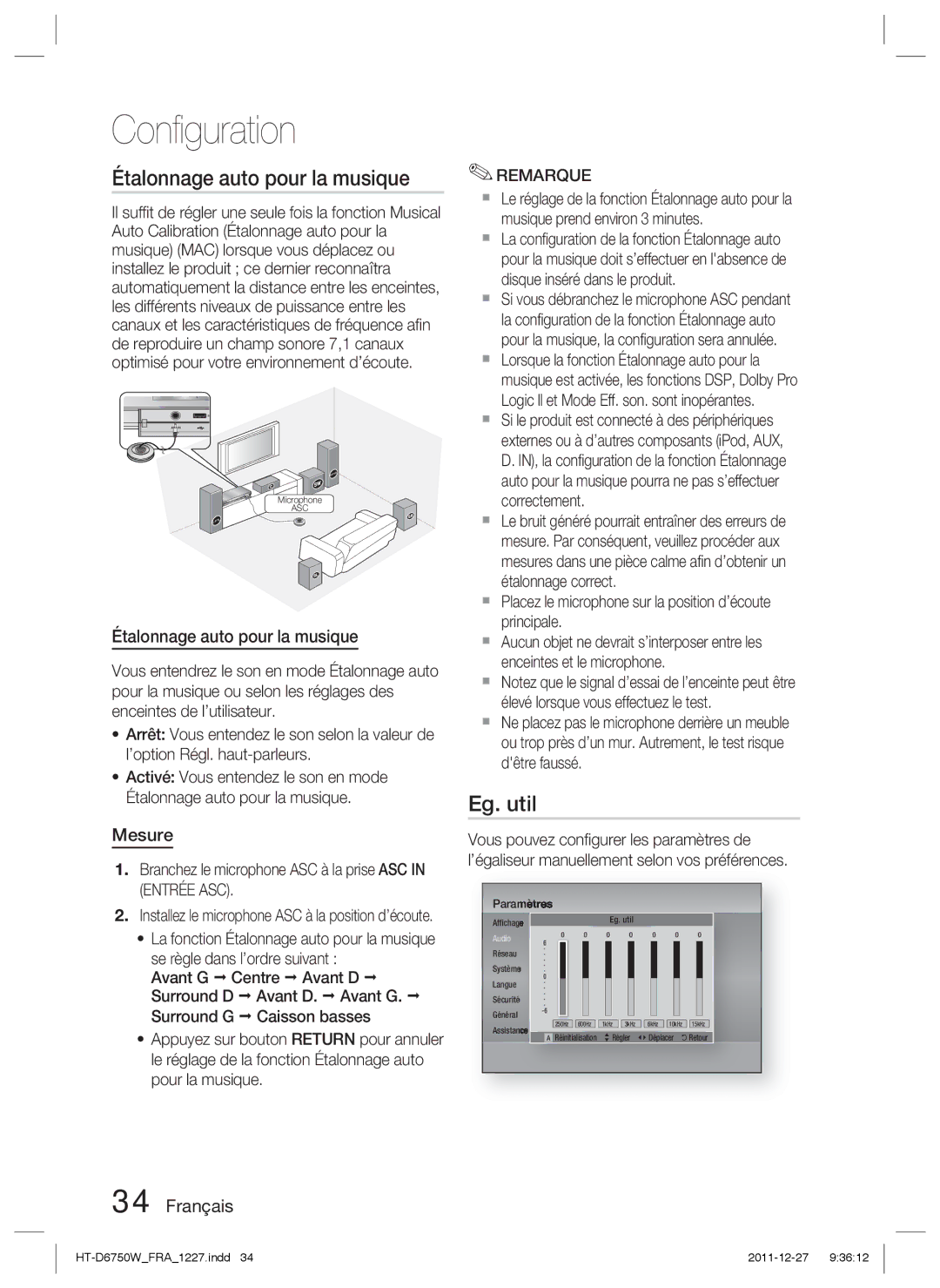 Samsung HT-D6750W/ZF, HT-D6750W/TK, HT-D6750W/XN, HT-D6750W/EN manual Étalonnage auto pour la musique, Eg. util, Mesure 