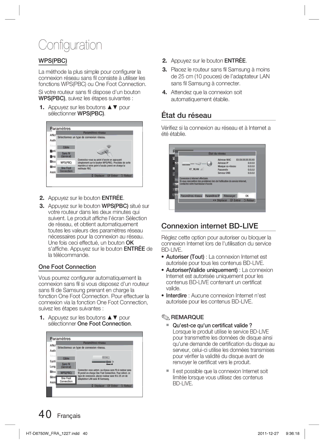 Samsung HT-D6750W/EN manual État du réseau, Connexion internet BD-LIVE, Appuyez sur les boutons pour sélectionner Wpspbc 