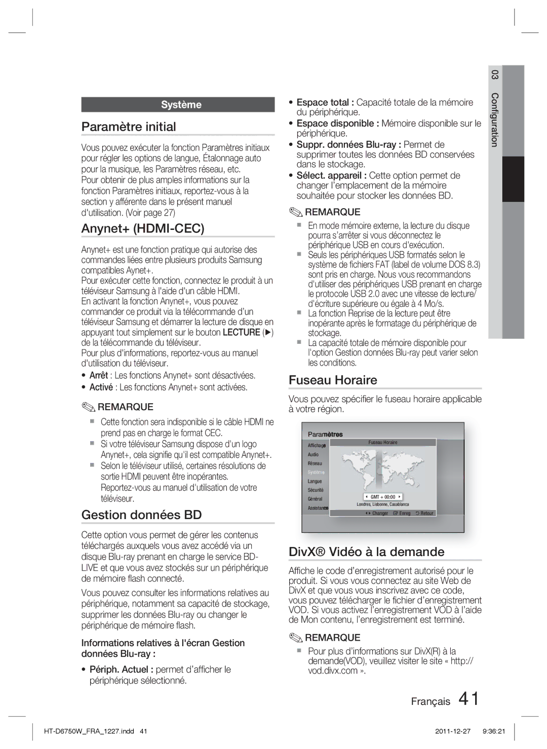 Samsung HT-D6750W/XE, HT-D6750W/TK Paramètre initial, Gestion données BD, Fuseau Horaire, DivX Vidéo à la demande, Système 