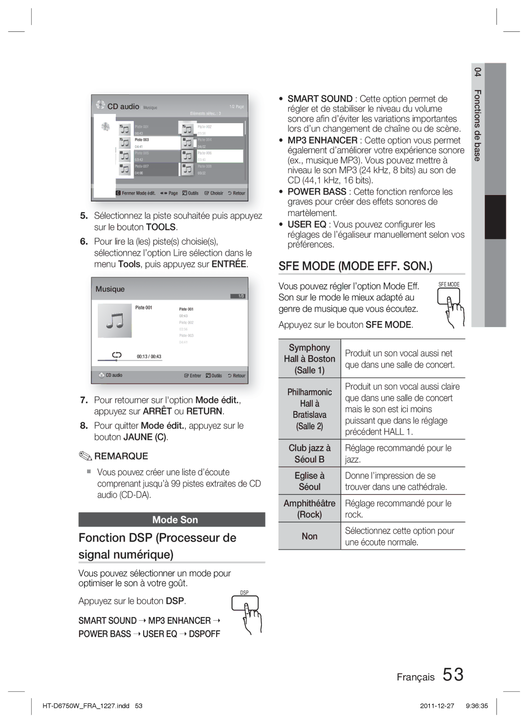 Samsung HT-D6750W/XN, HT-D6750W/TK, HT-D6750W/ZF, HT-D6750W/EN manual Fonction DSP Processeur de signal numérique, Mode Son 