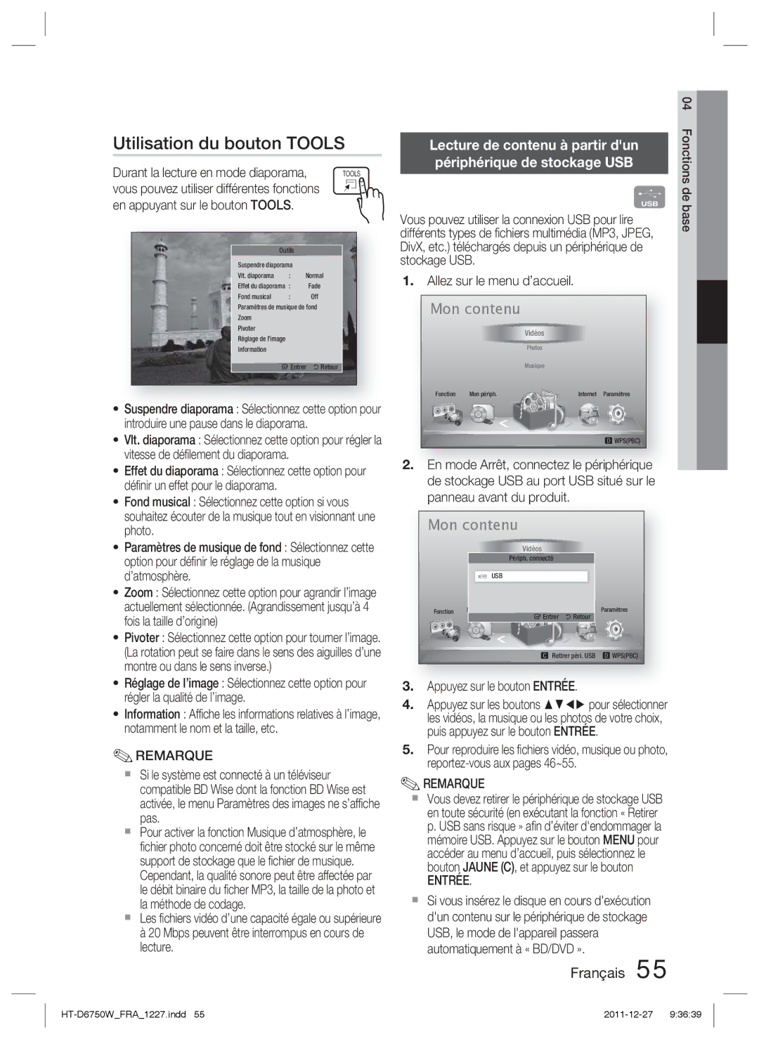 Samsung HT-D6750W/EN, HT-D6750W/TK, HT-D6750W/XN manual Utilisation du bouton Tools, Durant la lecture en mode diaporama 