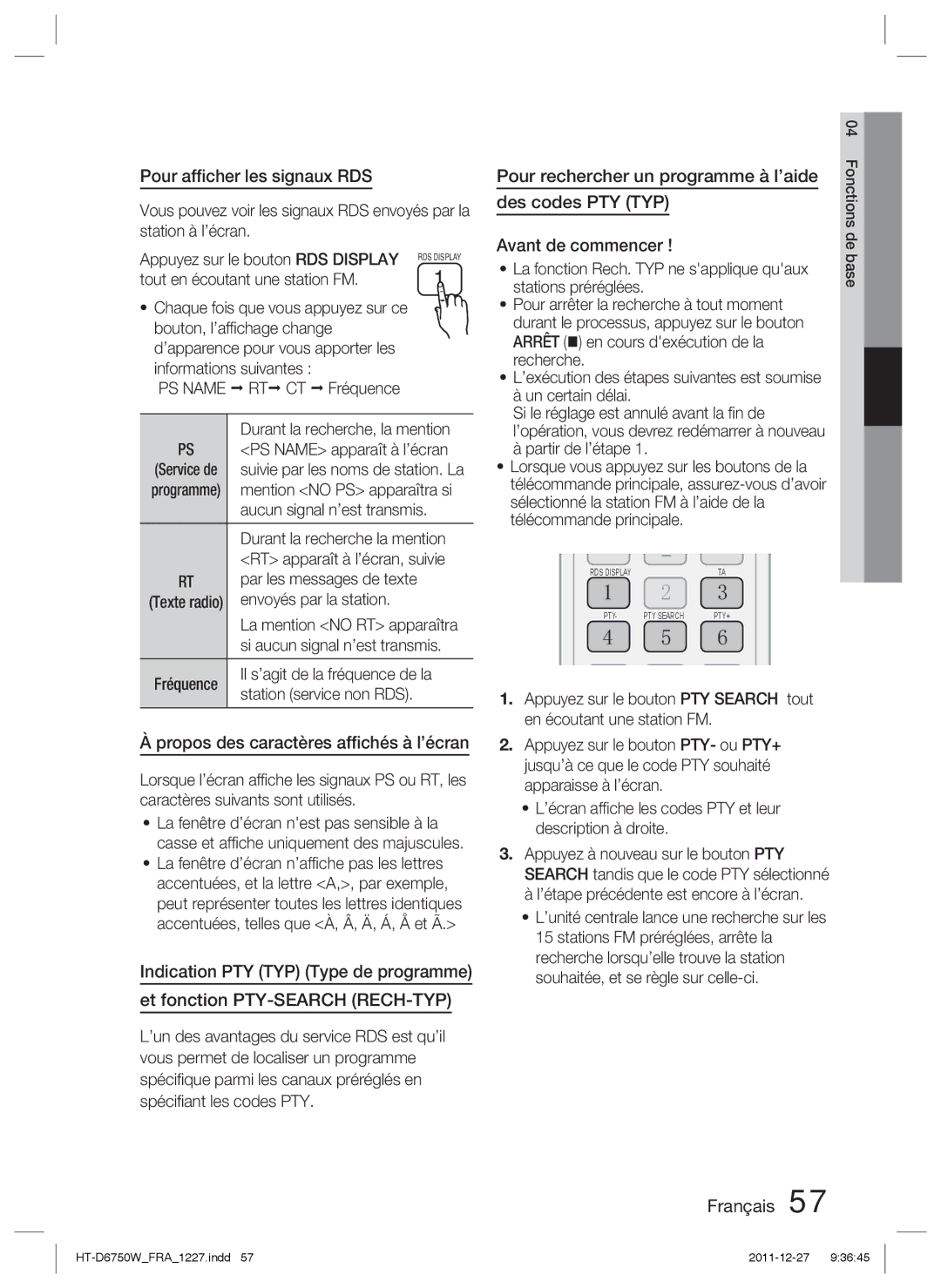 Samsung HT-D6750W/TK, HT-D6750W/XN, HT-D6750W/ZF manual Pour afﬁcher les signaux RDS, Propos des caractères afﬁchés à l’écran 