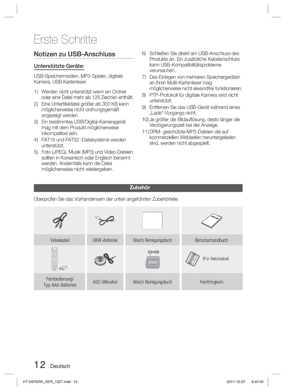 Samsung HT-D6750W/EN, HT-D6750W/TK, HT-D6750W/XN Notizen zu USB-Anschluss, Unterstützte Geräte, Zubehör, Ferritringkern 