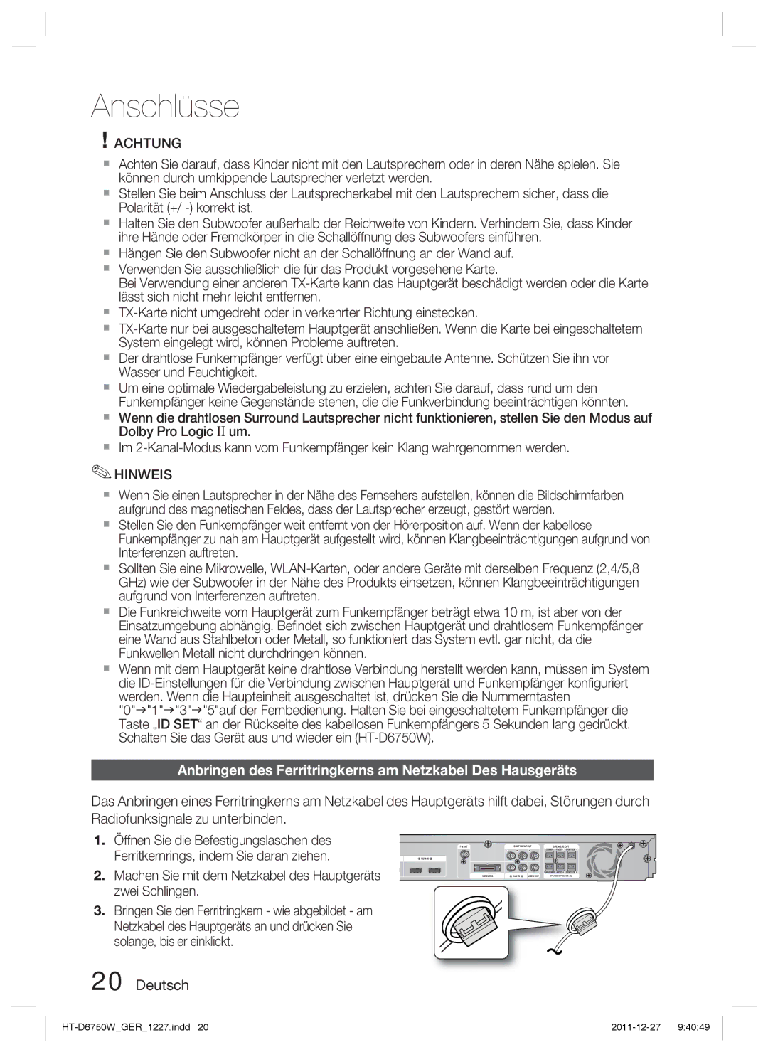 Samsung HT-D6750W/XN, HT-D6750W/TK, HT-D6750W/ZF manual Anbringen des Ferritringkerns am Netzkabel Des Hausgeräts, Hinweis 