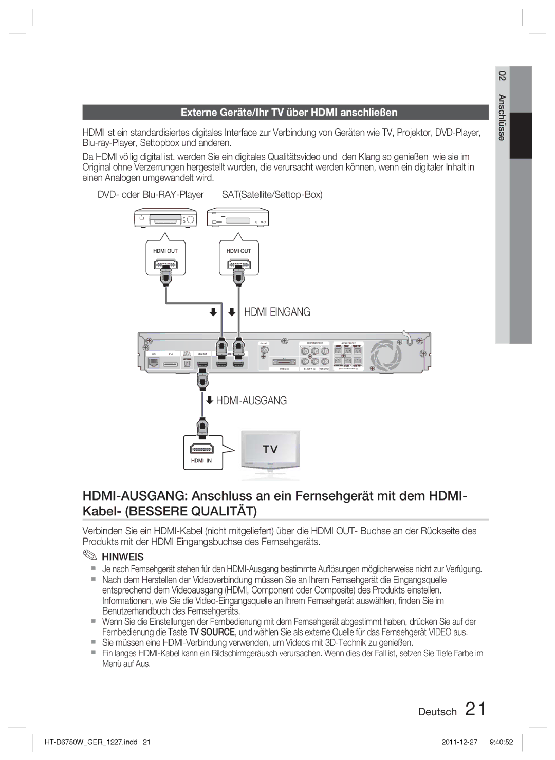 Samsung HT-D6750W/ZF, HT-D6750W/TK, HT-D6750W/XN manual Externe Geräte/Ihr TV über Hdmi anschließen, SATSatellite/Settop-Box 