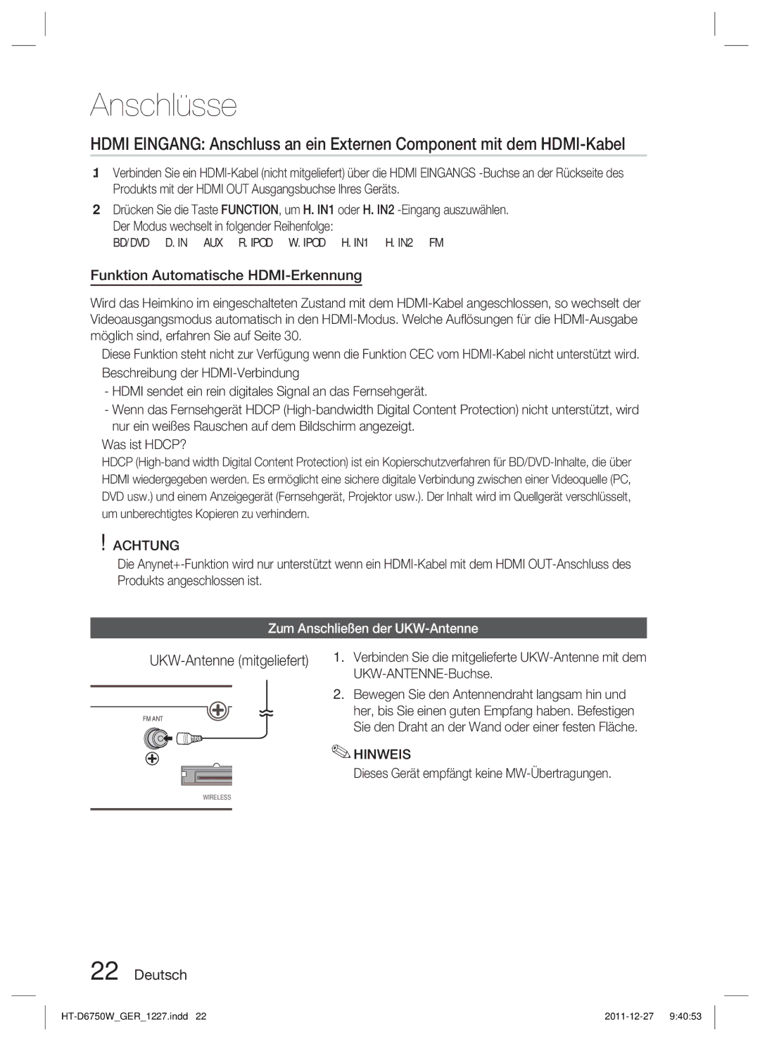 Samsung HT-D6750W/EN, HT-D6750W/TK, HT-D6750W/XN manual Funktion Automatische HDMI-Erkennung, UKW-Antenne mitgeliefert 