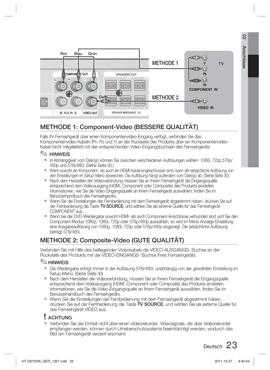 Samsung HT-D6750W/XE, HT-D6750W/TK Methode 1 Component-Video Bessere Qualität, Methode 2 Composite-Video Gute Qualität 