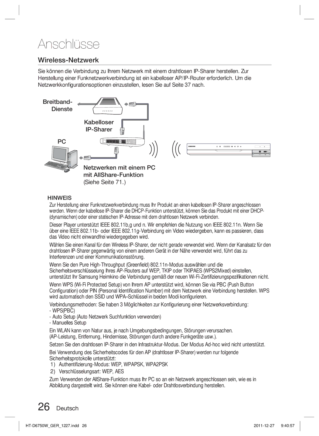 Samsung HT-D6750W/ZF, HT-D6750W/TK, HT-D6750W/XN, HT-D6750W/EN, HT-D6750W/XE manual Wireless-Netzwerk 