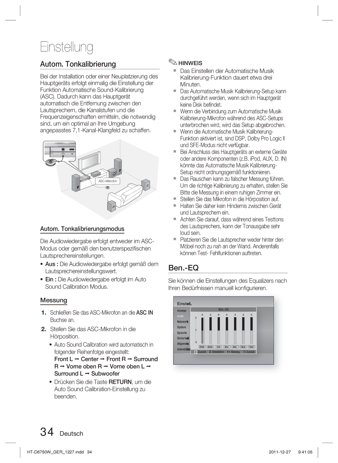 Samsung HT-D6750W/TK, HT-D6750W/XN, HT-D6750W/ZF, HT-D6750W/EN manual Ben.-EQ, Autom. Tonkalibrierungsmodus, Messung 